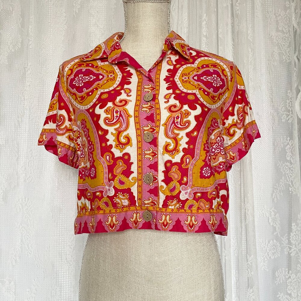 Haute Hippie Women's Shirt XS Pink Orange Crop Button Up Boho Collar Linen Blend